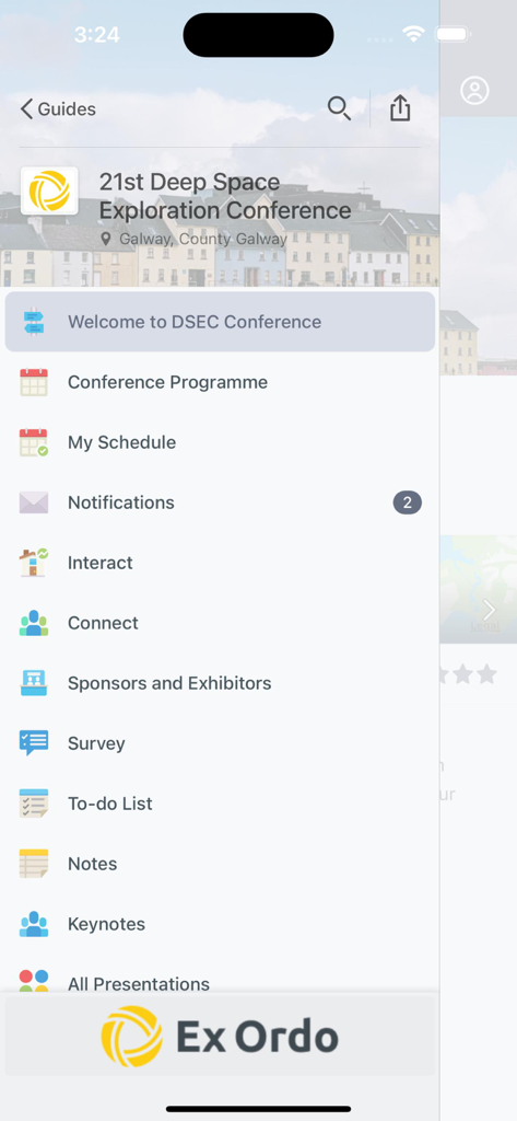 Ex Ordo - Ex Ordo app navigation menu for a research conference showing schedule and program options