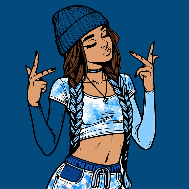 realistic teenage girl with braids and a beanie and crop top doing 🫶🏼