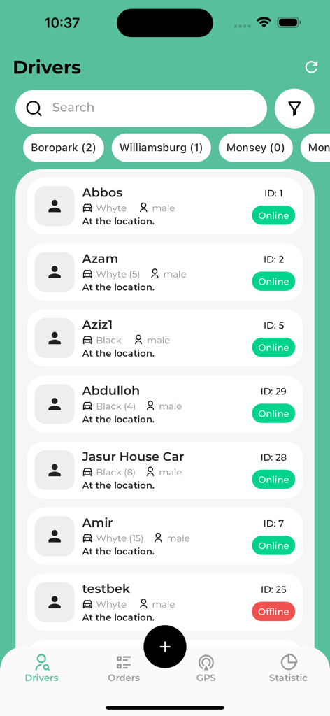 A-ride Admin dashboard showing a list of drivers with their online status car details and id numbers