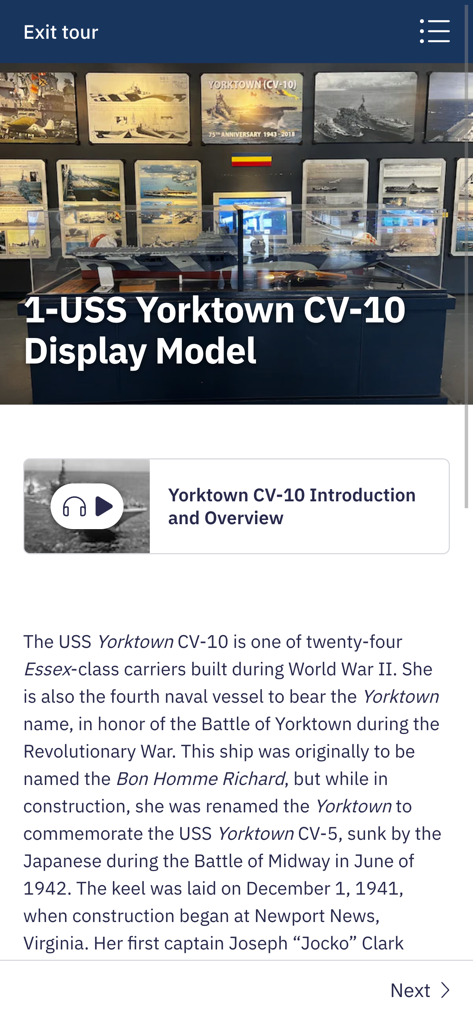 Patriots Point Experience - 애국자 포인트 체험 앱의 USS 요크타운 CV-10 디스플레이 모델 및 역사 섹션.