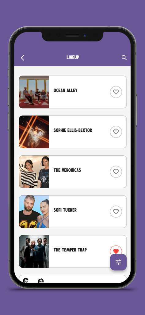 Party in the Paddock - A mobile app screen displaying the music festival artist lineup with names and favorite buttons
