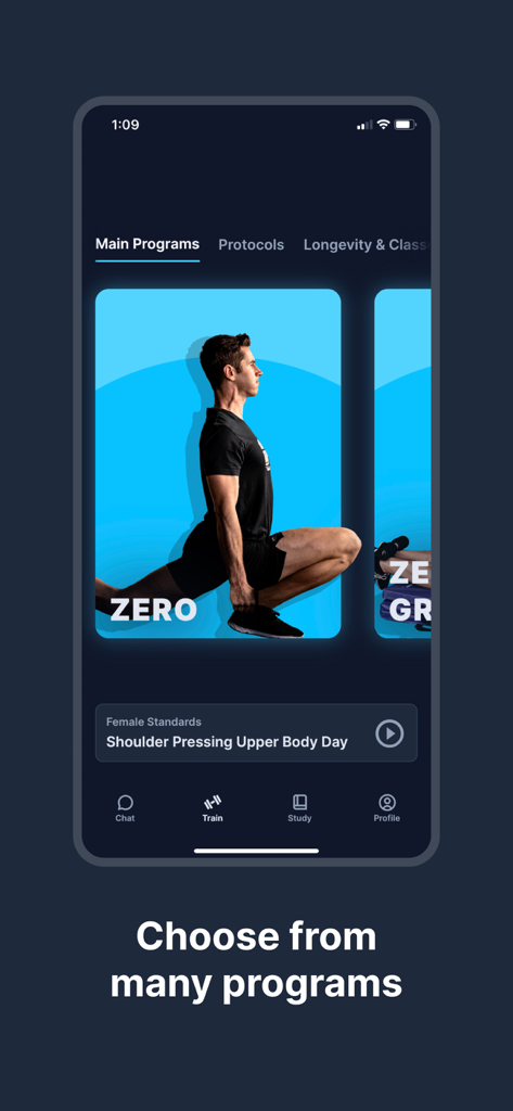 ATG Online Coaching - ATG Online Coaching app interface displaying various training programs including the Zero program