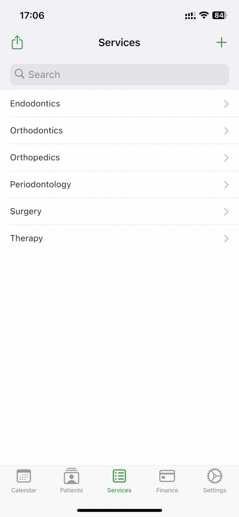 Dentist Book - Dentist Book app services screen listing dental specialties like endodontics orthodontics and surgery