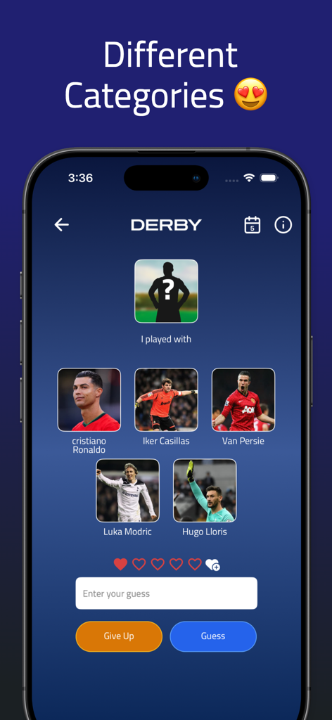 Derby: Football Trivia - ダービー フットボール トrivia アプリのゲームプレイ画面。ユーザーがロナウドやカシージャスのような元チームメイトに基づいてサッカー選手を推測しなければならないクイズが表示されている。