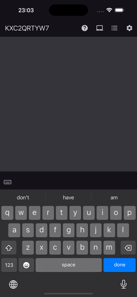 Remote Keyboard & Mouse - iPhone screen showing a wireless keyboard and dark trackpad area for controlling a computer remotely
