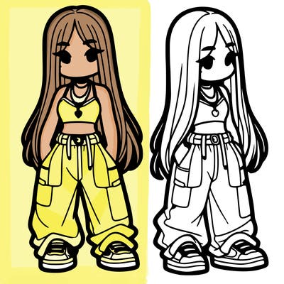 girl in baggy pants crop top and long hair