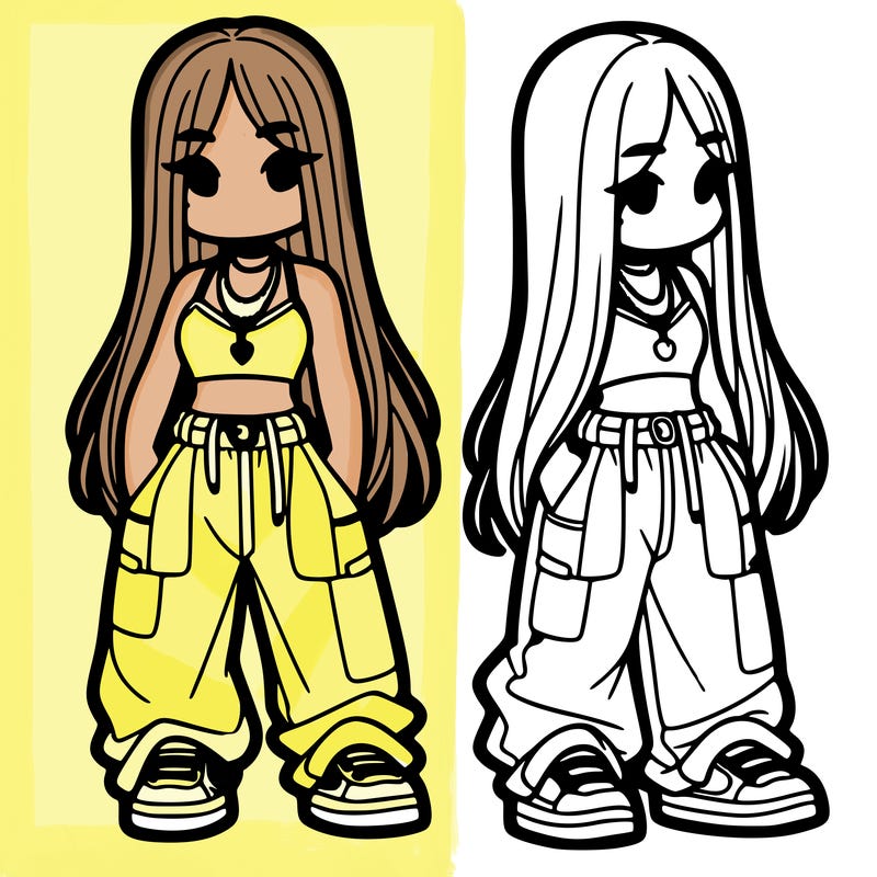 girl in baggy pants crop top and long hair