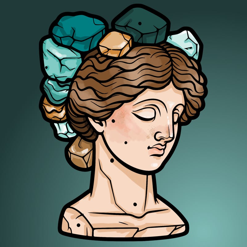 bust of a female statue with rock-shaped hair