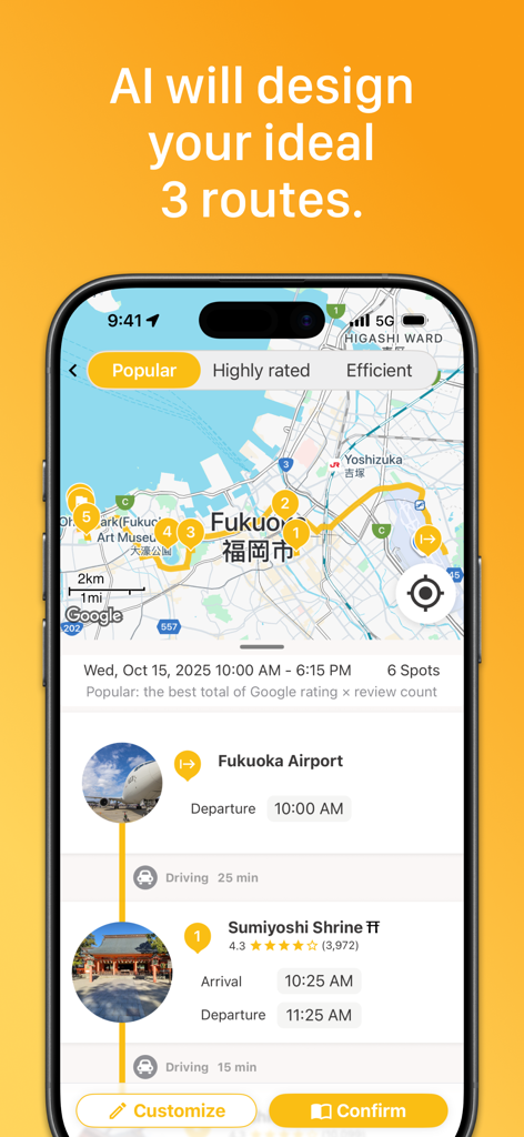 Plaru Japan – Travel with AI - Plaru Japanアプリのインターフェース。福岡のAI生成旅行ルート、マップ、旅程の詳細が表示されています。