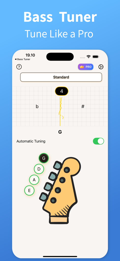 Bass Tuner - TuneGuide - Interfaz de la aplicación Bass Tuner mostrando afinación automática para la cuerda G en el clavijero de un bajo eléctrico.