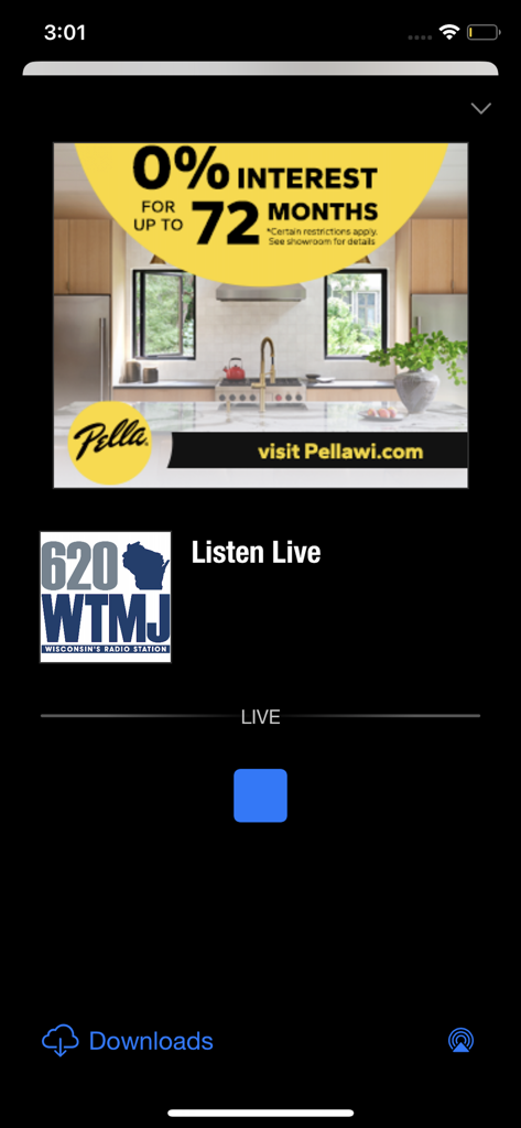 620 WTMJ Radio - The live audio player screen of the 620 WTMJ Radio mobile app featuring a local advertisement and a play button.