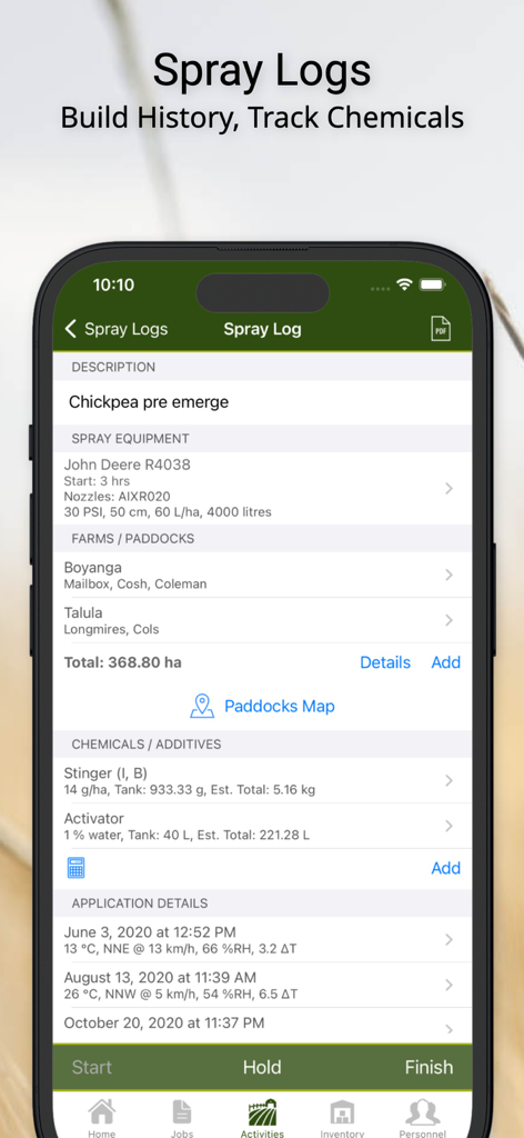 FarmSimple - Mobile screen showing FarmSimple app spray log with details on chemicals equipment and paddocks for agricultural compliance