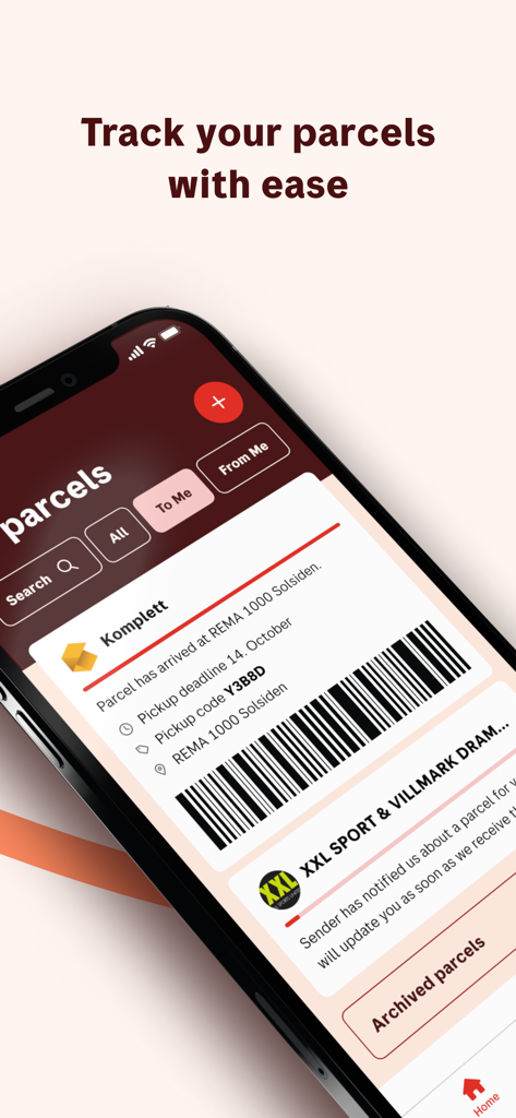 Posten app screen displaying parcel tracking information and pickup barcode