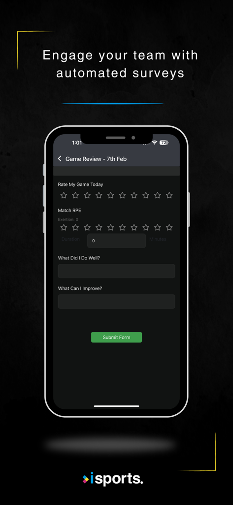iSports Team - iSports Team app interface for automated team surveys including game reviews and performance ratings