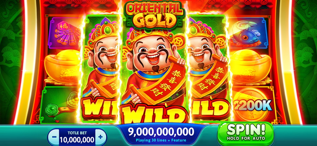 Vegas Party Casino Slots Game - Oriental Gold themed slot machine in Vegas Party Casino app showing triple Wild character wins