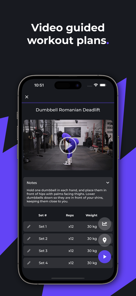 MyARC Fitness mobile app displaying a video tutorial for a dumbbell deadlift exercise and a table to track sets and reps.