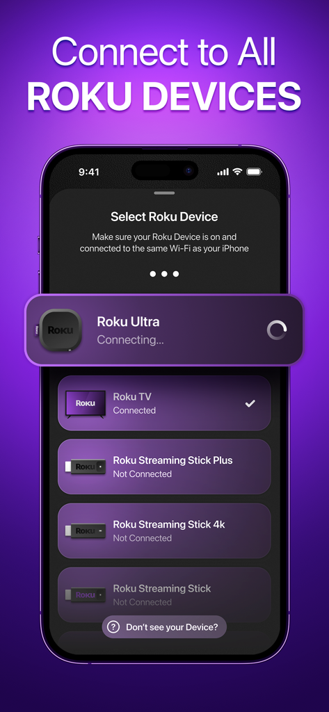 Una interfaz de aplicación móvil que muestra una lista de dispositivos Roku disponibles para conectar para control remoto.