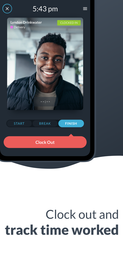 Uma interface de smartphone mostrando uma tela de verificação por foto do funcionário para registrar a saída de um turno.