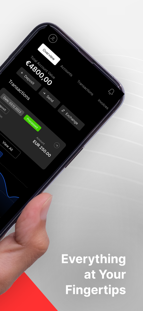 Smartphone zeigt die Kontenübersicht und den Transaktionsverlauf der The Kingdom Bank App an