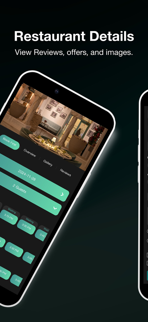 Écran mobile montrant les détails du restaurant et les options de réservation dans l'application Wddk