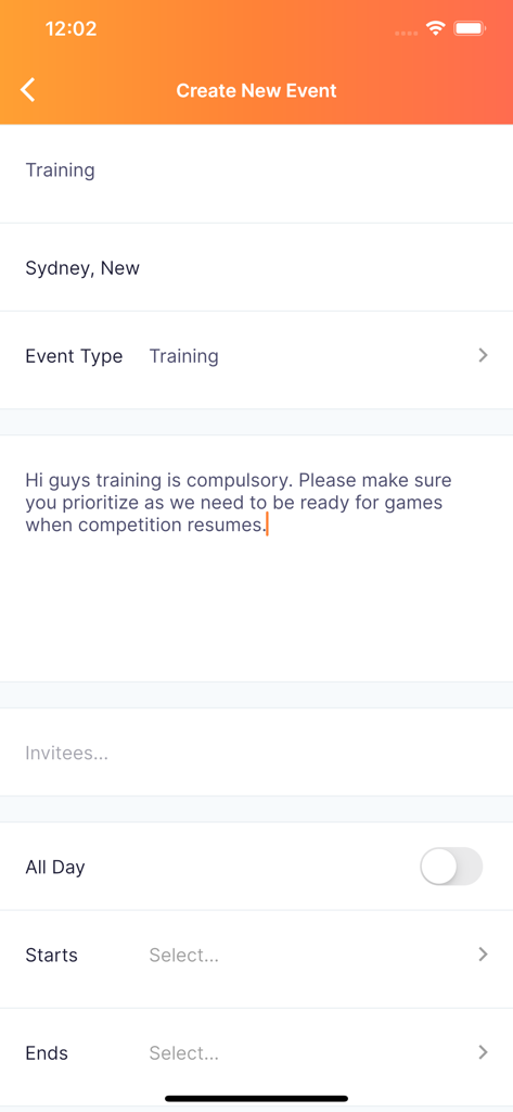 Interface for creating a new training event in NetballConnect