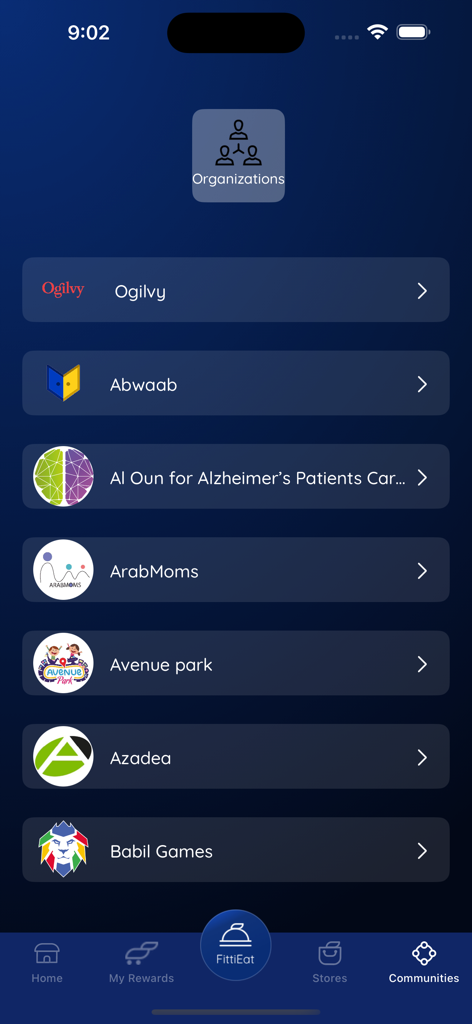 A list of participating organizations and communities in the FittiCoin fitness rewards app.