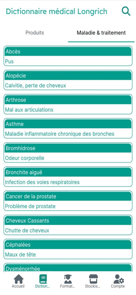 Longrich connect PRO - A list of medical conditions and treatments in the Longrich connect PRO mobile app dictionary