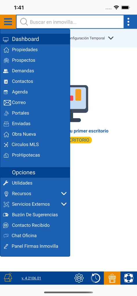 Menú de navegación lateral de la aplicación CRM inmobiliaria Inmovilla con listados de propiedades y opciones de gestión de leads.