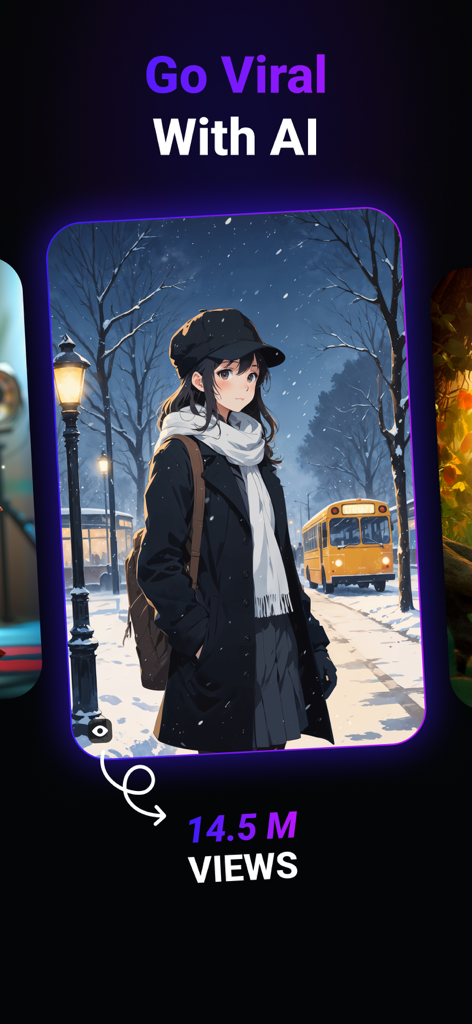 AI Video Generator & AI Maker - AI generated anime video of a girl in the snow with a viral view count overlay