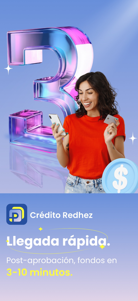 Crédito Redhez - Frau hält ein Smartphone und eine Kreditkarte, die eine schnelle Genehmigung von Privatkrediten in 3 bis 10 Minuten bewirbt