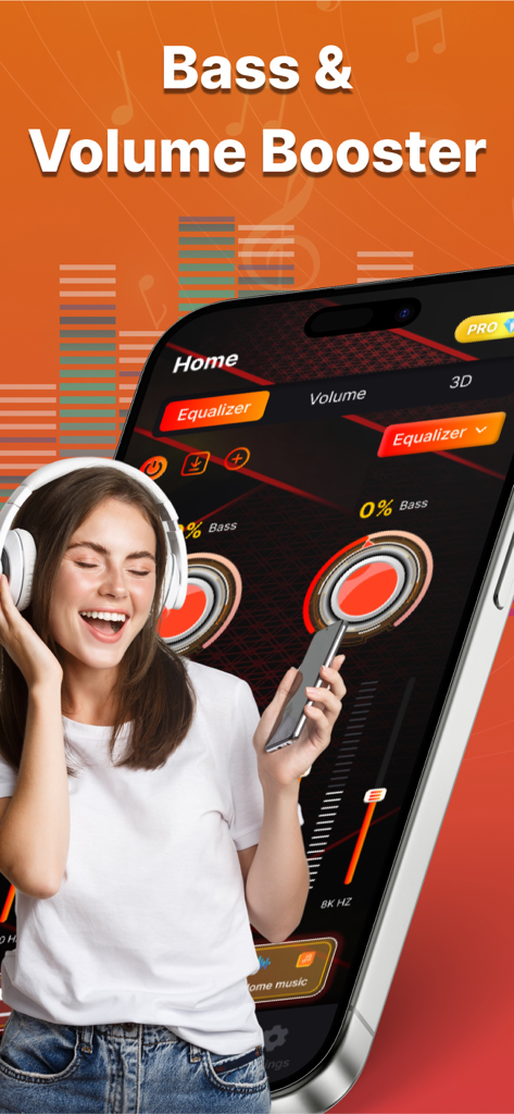 Volume Booster: Sound Booster - Interface of the Volume Booster app on an iPhone showing bass and equalizer controls with a happy woman wearing headphones
