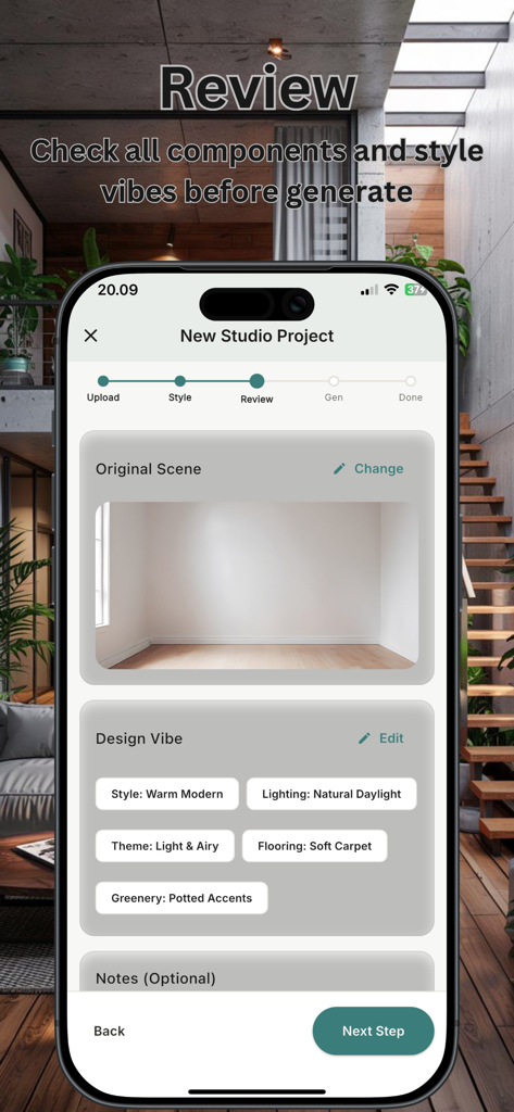 AI Apartment & Studio Planner - Review screen in the AI Apartment and Studio Planner app displaying selected style vibes and the original room photo