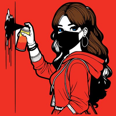 realistic girl with mask spray painting a wall