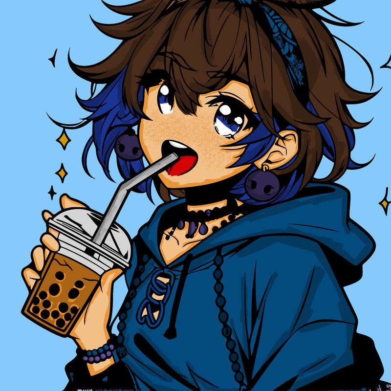 hot baddie anime girl drinking boba and biting the straw