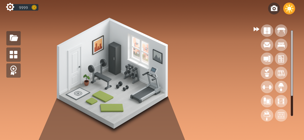 Setup Dream Room - An isometric 3D view of a home gym room setup featuring a treadmill and weight bench