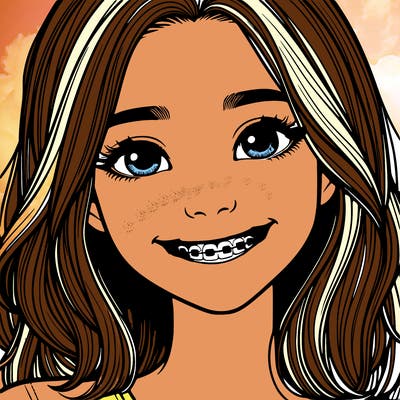 a girl with braces smiling with freckles realistic