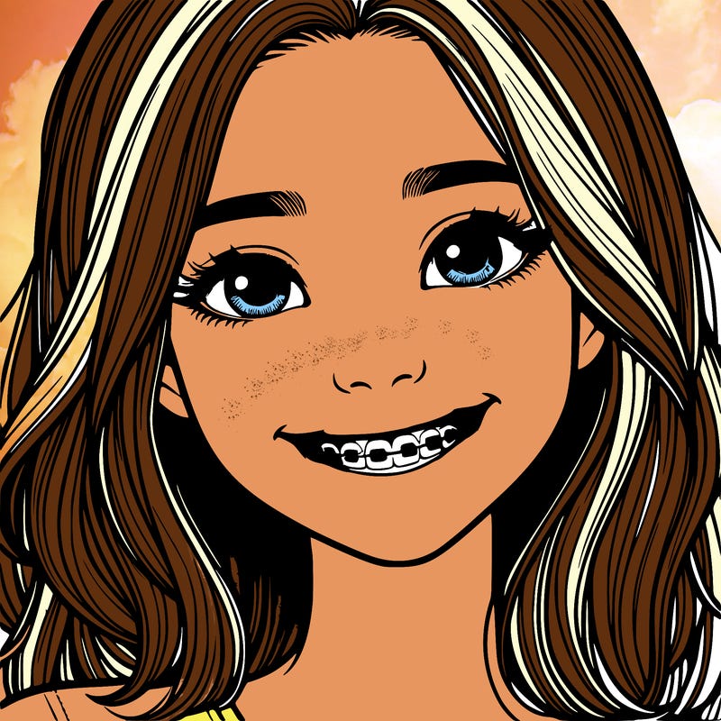 a girl with braces smiling with freckles realistic