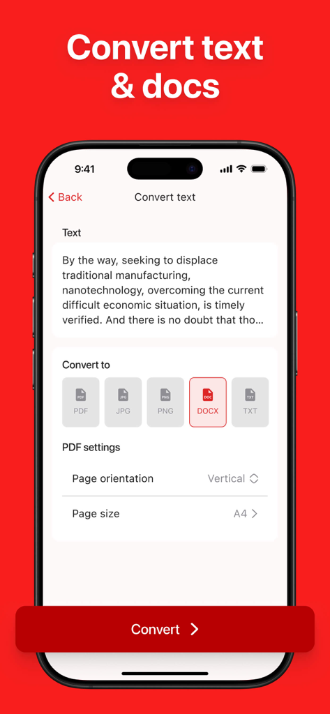 Interface de aplicativo móvel mostrando o processo de conversão de texto bruto em vários formatos de documento como DOCX e PDF com configurações de página personalizáveis.