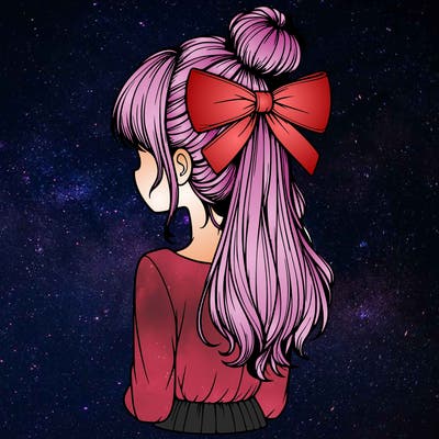 realistic girl  with hip length hair a bun and a big bow on the back of head