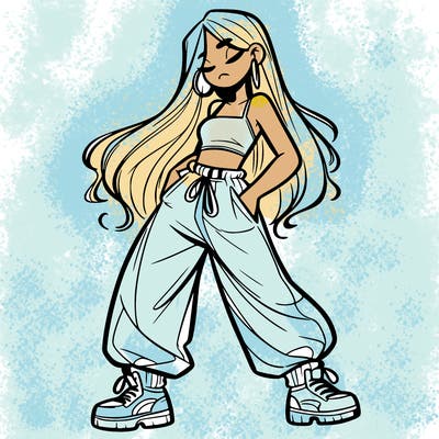 girl in baggy pants crop top and long hair