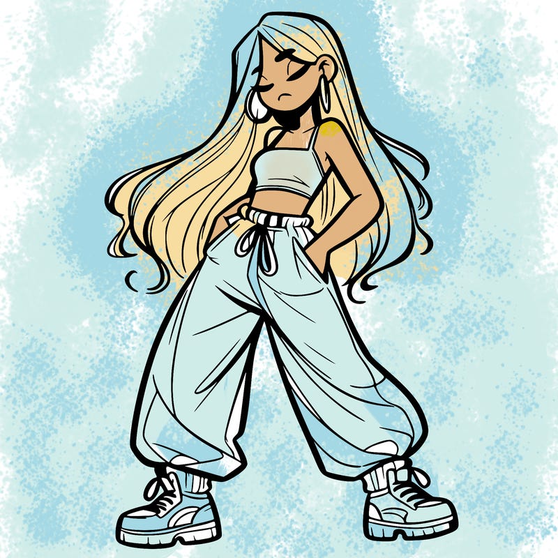 girl in baggy pants crop top and long hair