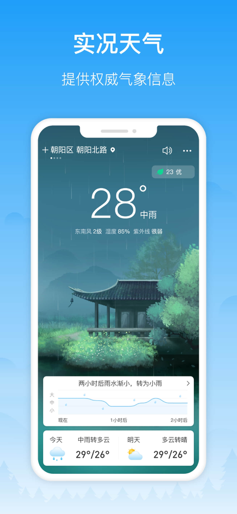 Xiangyu weather app interface showing live temperature and rain forecast in Chinese