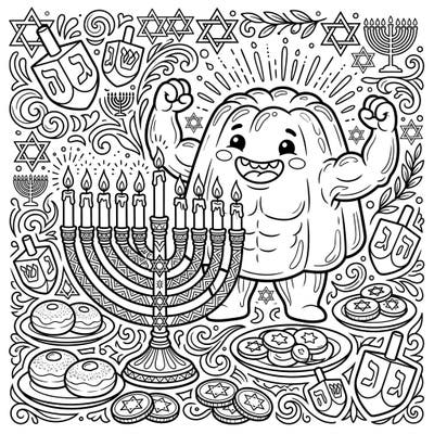 Join the festivities with this unique Hanukkah Pudding Monster coloring page, blending strength and joy. This detailed illustration features a muscular, happy pudding monster surrounded by traditional Hanukkah symbols, perfect for a fun and engaging coloring experience.