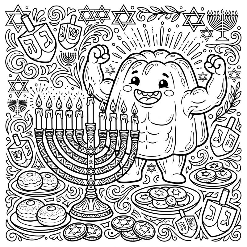 Join the festivities with this unique Hanukkah Pudding Monster coloring page, blending strength and joy. This detailed illustration features a muscular, happy pudding monster surrounded by traditional Hanukkah symbols, perfect for a fun and engaging coloring experience.