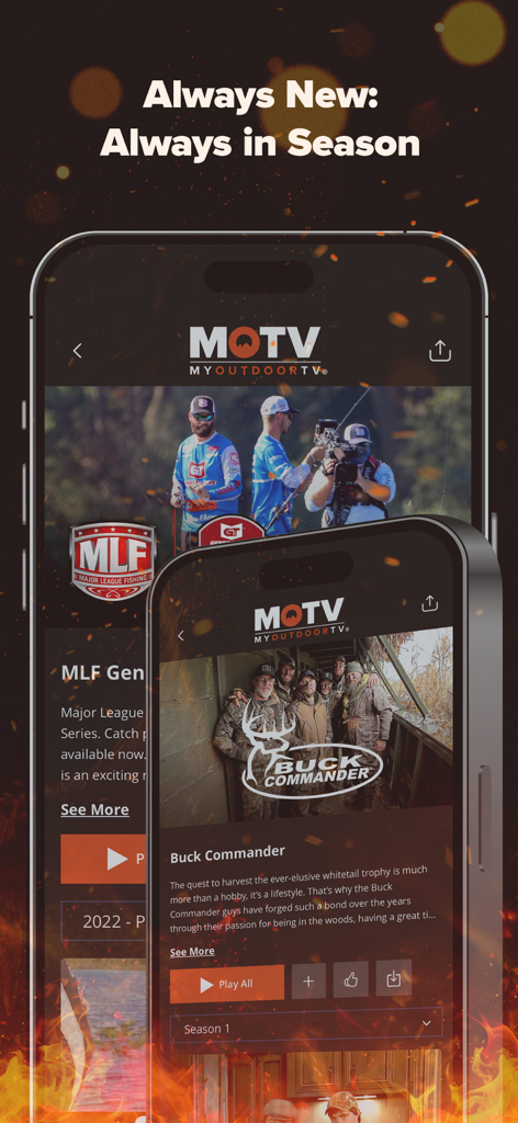 MyOutdoorTV app interface on two smartphones displaying hunting and fishing streaming content like Buck Commander and Major League Fishing