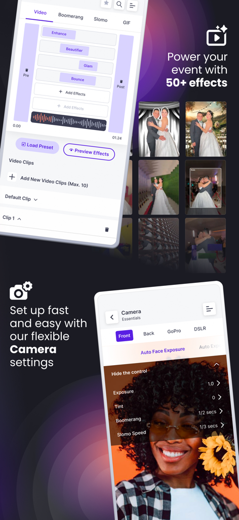 Touchpix · Photo & Video Booth - Touchpix app interface showing video effects editor and professional camera settings for event professionals