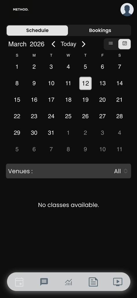 METHOD. - Tela de calendário de agendamento e reserva de aulas de fitness do aplicativo Method.
