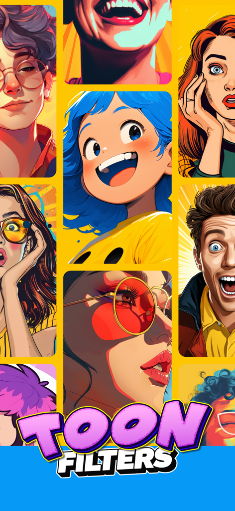 Toon Me - filter for selfie - A collage showing various cartoon anime and digital portrait filters from the Toon Me app