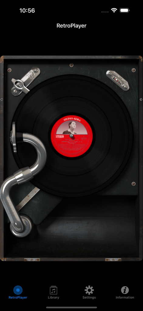 RetroPlayer - RetroPlayer app showing a skeuomorphic vintage vinyl record player interface.