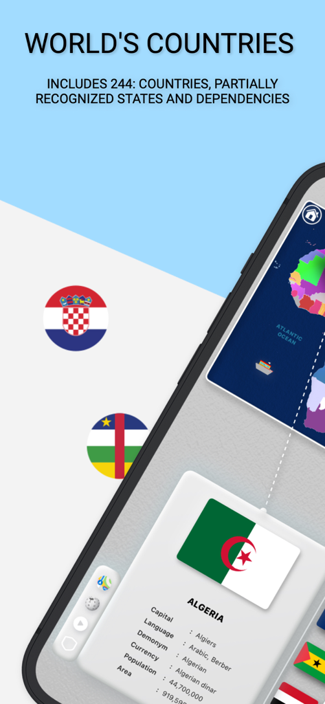 MapGo: Countries of the world - MapGo app screenshot displaying country information for Algeria and a partial world map with various national flags